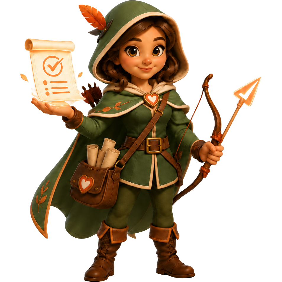 Lora, the HCBS.AI companion: a friendly ranger in a green hooded cloak holding a glowing compliance checklist, a bow, and a checkmark arrow, with a satchel of scrolls and a heart clasp.